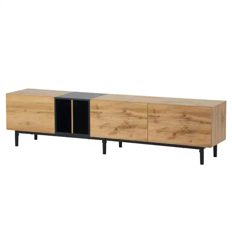 VIYET 77Meuble TV moderne pour TV 80", Meuble TV en MDF aspect bois naturel avec 3 portes abattantes et grand espace de rangement