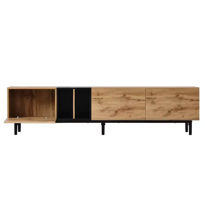 VIYET 77Meuble TV moderne pour TV 80", Meuble TV en MDF aspect bois naturel avec 3 portes abattantes et grand espace de rangement