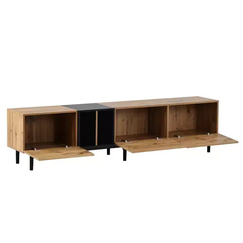 VIYET 77Meuble TV moderne pour TV 80", Meuble TV en MDF aspect bois naturel avec 3 portes abattantes et grand espace de rangement