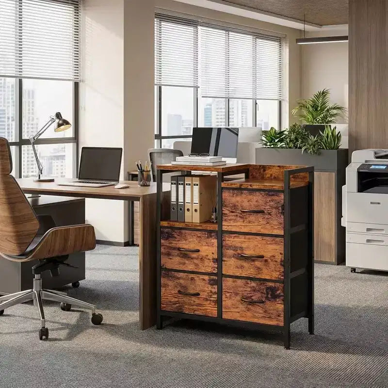 Meuble de classement mobile avec étagère ouverte, support d'imprimante roulant et classeur latéral en tissu pour bureau, compatible avec les dossiers de taille A4 ou Lettre