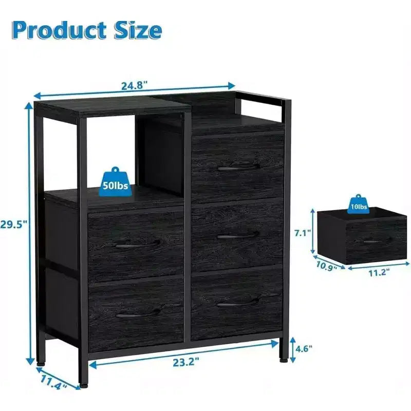 Meuble de classement mobile avec étagère ouverte, support d'imprimante roulant et classeur latéral en tissu pour bureau, compatible avec les dossiers de taille A4 ou Lettre