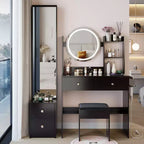 Coiffeuse de maquillage miroir avec tabouret rembourré, coiffeuse blanche intelligente avec miroir rond, miroir LED de 17 pouces, ensemble de vanité à commande tactile