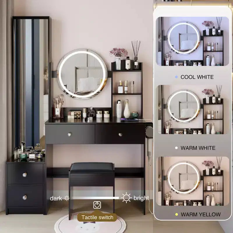 Coiffeuse de maquillage miroir avec tabouret rembourré, coiffeuse blanche intelligente avec miroir rond, miroir LED de 17 pouces, ensemble de vanité à commande tactile