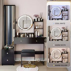 Coiffeuse de maquillage miroir avec tabouret rembourré, coiffeuse blanche intelligente avec miroir rond, miroir LED de 17 pouces, ensemble de vanité à commande tactile