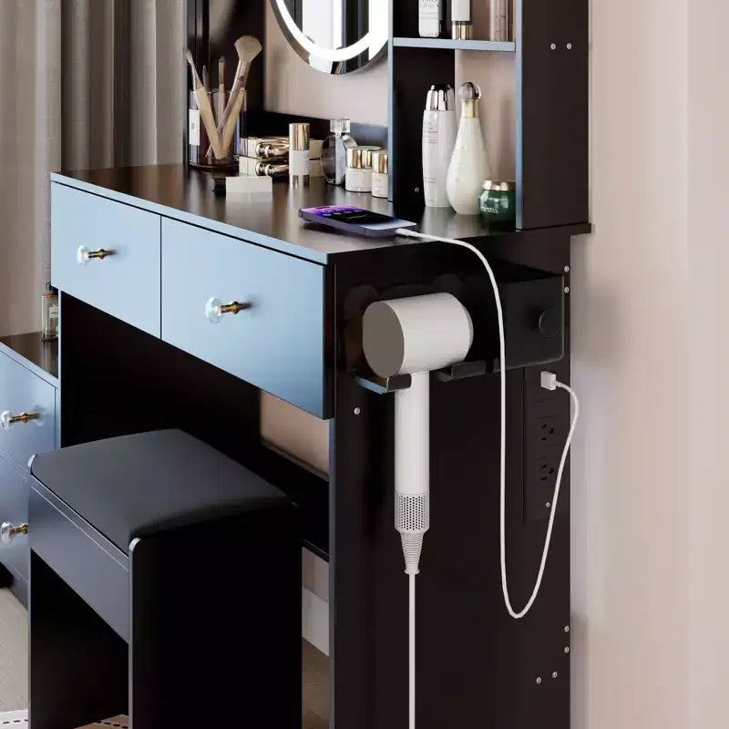 Coiffeuse de maquillage miroir avec tabouret rembourré, coiffeuse blanche intelligente avec miroir rond, miroir LED de 17 pouces, ensemble de vanité à commande tactile