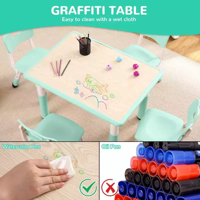 Ensemble table et 4 chaises réglables en hauteur pour enfants Lake Blue C - Bureau pliable d'activités créatives avec plateau effaçable pour l'apprentissage, le jeu et le repas des tout-petits