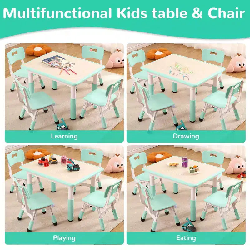 Ensemble table et 4 chaises réglables en hauteur pour enfants Lake Blue C - Bureau pliable d'activités créatives avec plateau effaçable pour l'apprentissage, le jeu et le repas des tout-petits