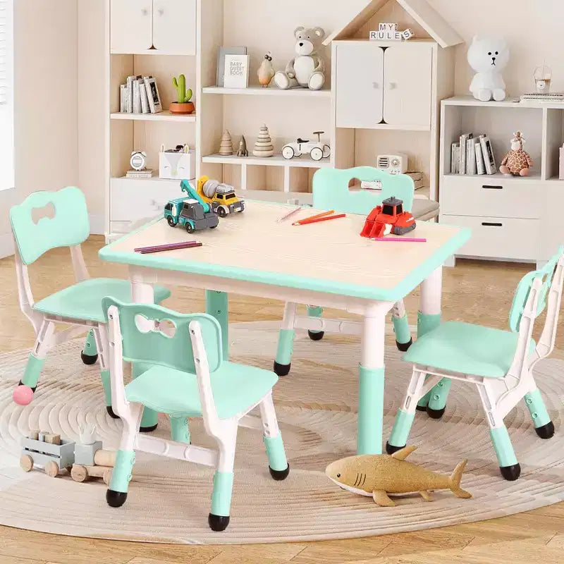 Ensemble table et 4 chaises réglables en hauteur pour enfants Lake Blue C - Bureau pliable d'activités créatives avec plateau effaçable pour l'apprentissage, le jeu et le repas des tout-petits
