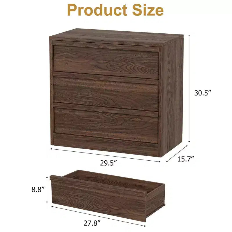 Table de chevet GustoWave 3 tiroirs en noyer pour chambre, petite table d'appoint de 76 cm de haut avec grand rangement et dispositif anti-basculement