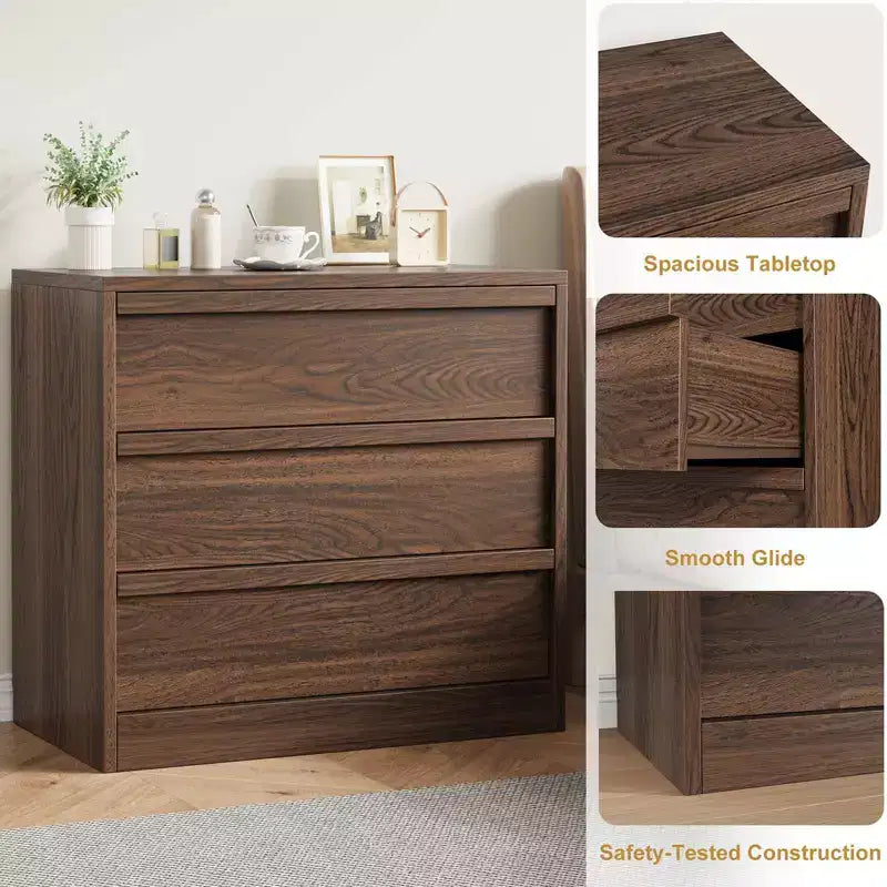 Table de chevet GustoWave 3 tiroirs en noyer pour chambre, petite table d'appoint de 76 cm de haut avec grand rangement et dispositif anti-basculement
