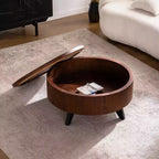 Table basse ronde, rangement intégré, style moderne du milieu du siècle pour salon, chambre, cuisine