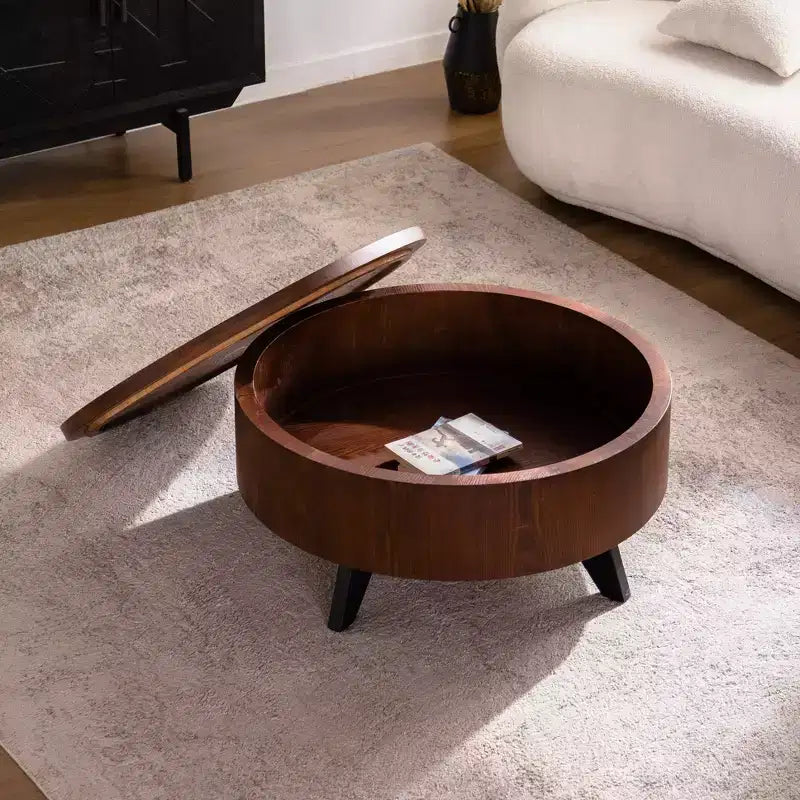 Table basse ronde, rangement intégré, style moderne du milieu du siècle pour salon, chambre, cuisine