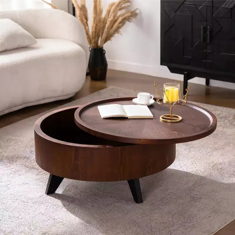 Table basse ronde, rangement intégré, style moderne du milieu du siècle pour salon, chambre, cuisine