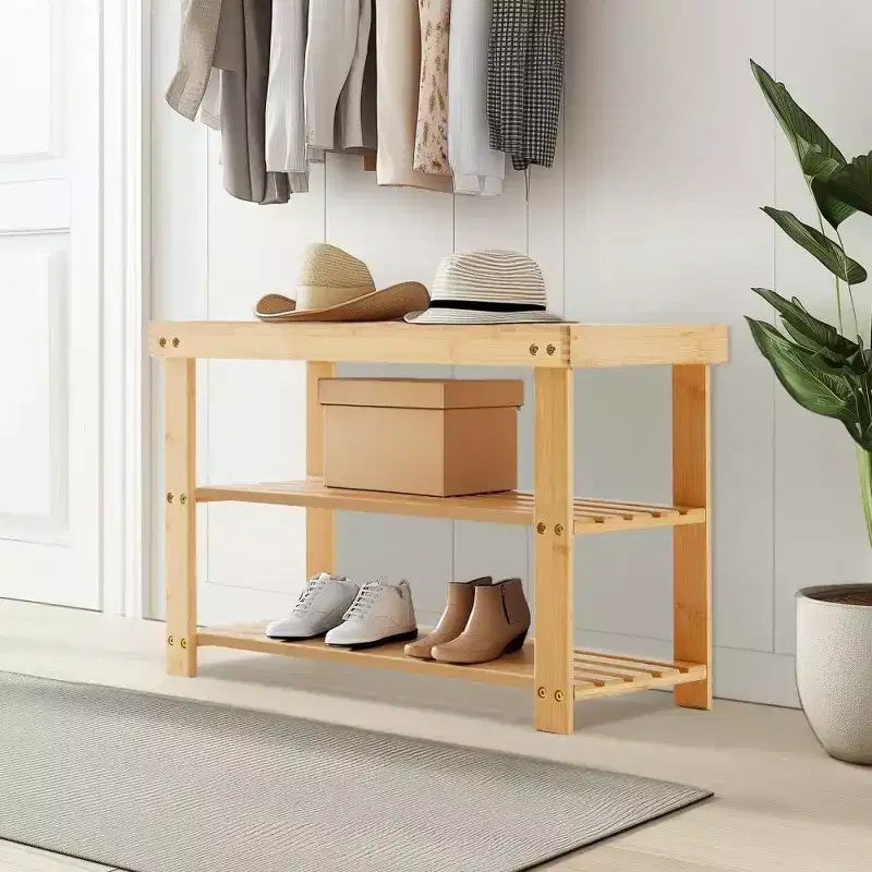 Banc range-chaussures en bambou TUYOHW, organiseur de rangement pour chaussures à 3 niveaux avec une capacité de 130 kg, banc à chaussures étanche pour entrée