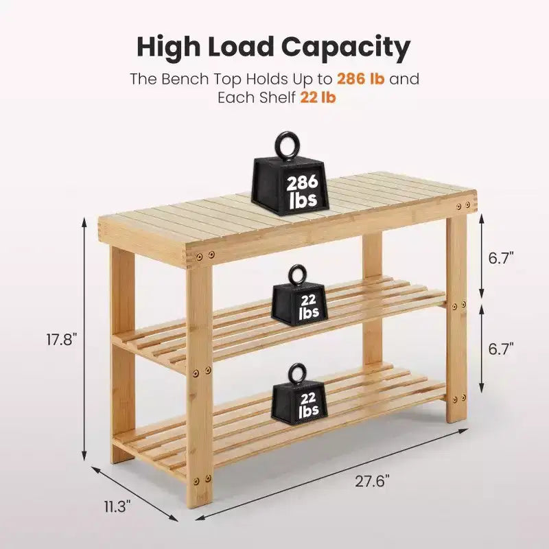 Banc range-chaussures en bambou TUYOHW, organiseur de rangement pour chaussures à 3 niveaux avec une capacité de 130 kg, banc à chaussures étanche pour entrée