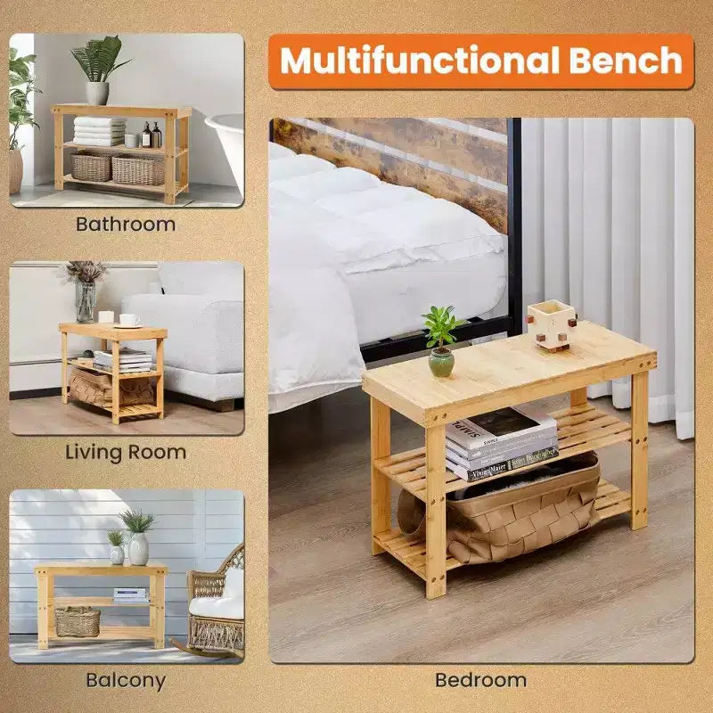 Banc range-chaussures en bambou TUYOHW, organiseur de rangement pour chaussures à 3 niveaux avec une capacité de 130 kg, banc à chaussures étanche pour entrée