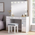 Coiffeuse Royal Hampton avec miroir éclairé et tabouret rembourré, blanc-gris