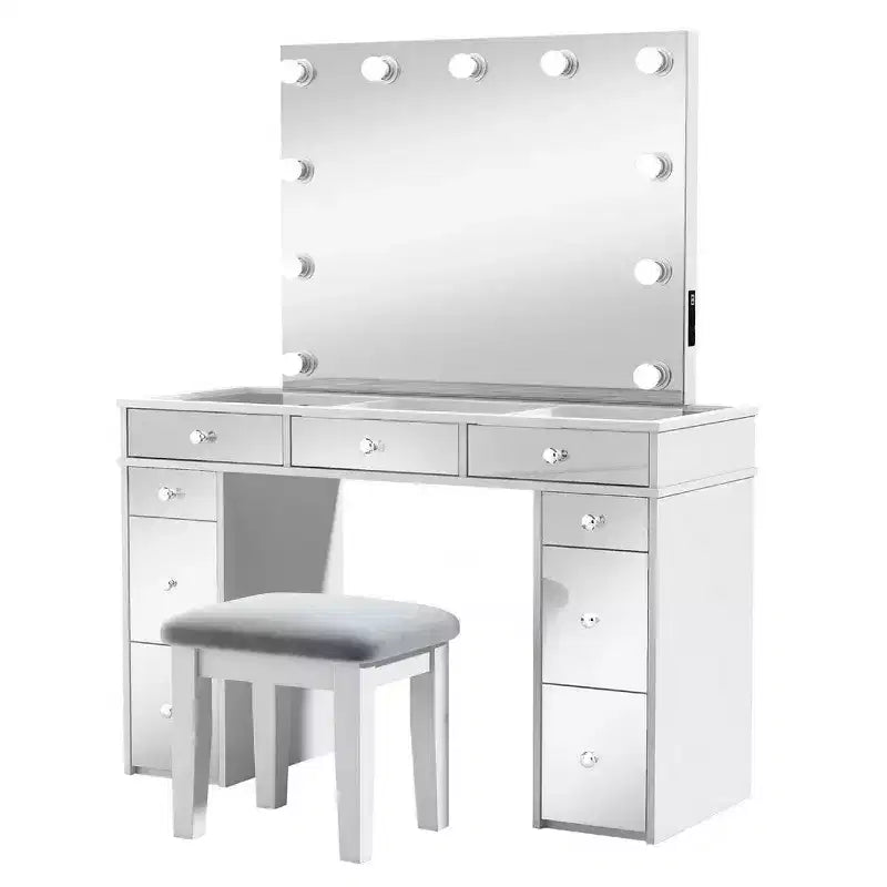 Coiffeuse Royal Hampton avec miroir éclairé et tabouret rembourré, blanc-gris