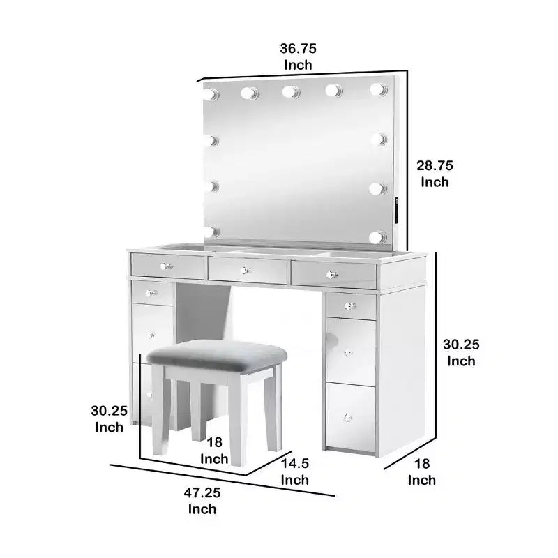 Coiffeuse Royal Hampton avec miroir éclairé et tabouret rembourré, blanc-gris