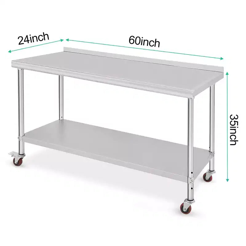 Garvee 60 Tables en acier inoxydable avec roulettes et dosseret pour cuisine, restaurant, argent