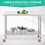 Garvee 60 Tables en acier inoxydable avec roulettes et dosseret pour cuisine, restaurant, argent