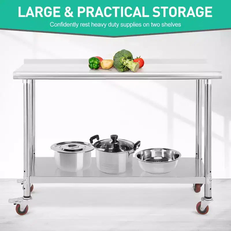 Garvee 60 Tables en acier inoxydable avec roulettes et dosseret pour cuisine, restaurant, argent