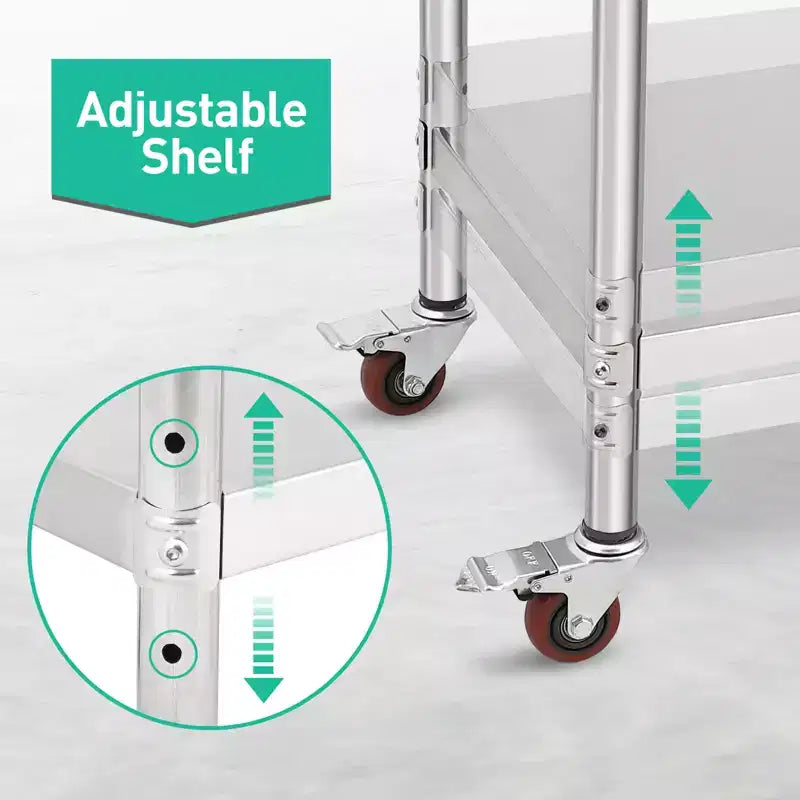 Garvee 60 Tables en acier inoxydable avec roulettes et dosseret pour cuisine, restaurant, argent