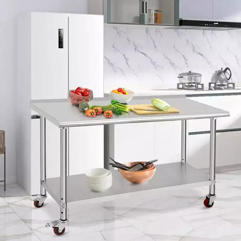 Garvee 60 Tables en acier inoxydable avec roulettes et dosseret pour cuisine, restaurant, argent
