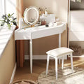 Okak Elegent Corner Vanity with Padding Stool, Makeup Vanity with Ample Storage, Space-Saving Compact Vanity for Bedroom, White