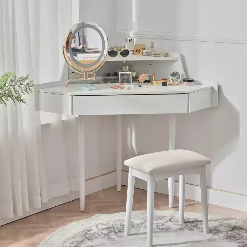 Coiffeuse d'angle élégante Okak avec tabouret rembourré, coiffeuse avec grand espace de rangement, coiffeuse compacte et peu encombrante pour chambre, blanche