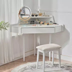 Coiffeuse d'angle élégante Okak avec tabouret rembourré, coiffeuse avec grand espace de rangement, coiffeuse compacte et peu encombrante pour chambre, blanche