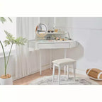 Coiffeuse d'angle élégante Okak avec tabouret rembourré, coiffeuse avec grand espace de rangement, coiffeuse compacte et peu encombrante pour chambre, blanche