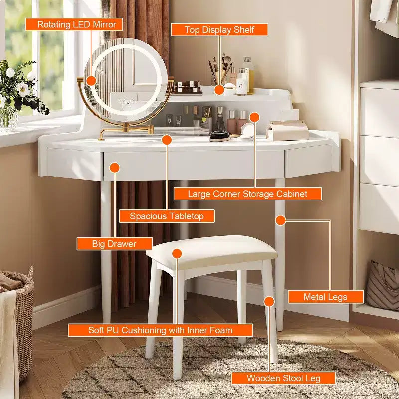 Coiffeuse d'angle élégante Okak avec tabouret rembourré, coiffeuse avec grand espace de rangement, coiffeuse compacte et peu encombrante pour chambre, blanche
