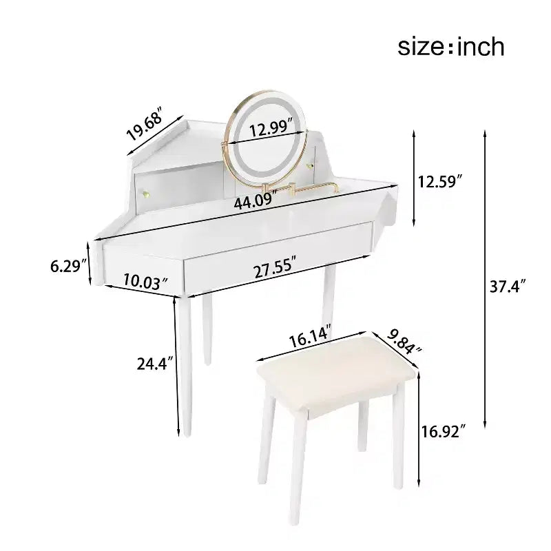 Coiffeuse d'angle élégante Okak avec tabouret rembourré, coiffeuse avec grand espace de rangement, coiffeuse compacte et peu encombrante pour chambre, blanche
