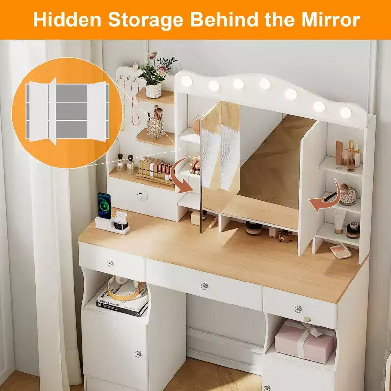 Coiffeuse Okak avec miroir triptyque pliable et 2 prises USB, table de maquillage avec grand rangement, coiffeuse pour la maison, blanc