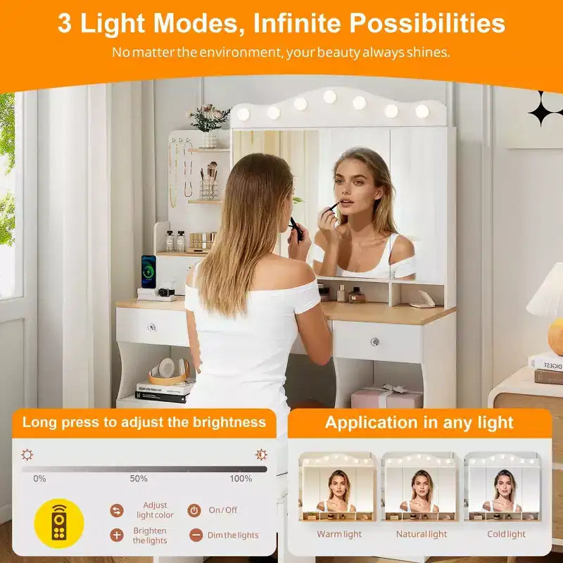 Coiffeuse Okak avec miroir triptyque pliable et 2 prises USB, table de maquillage avec grand rangement, coiffeuse pour la maison, blanc