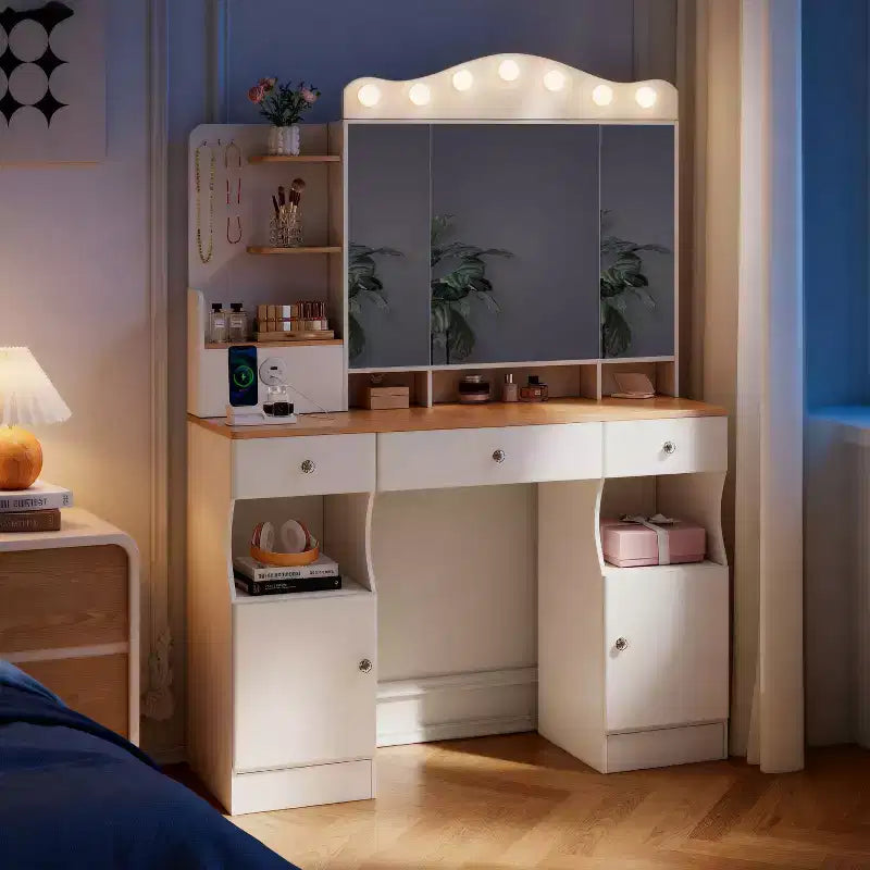 Coiffeuse Okak avec miroir triptyque pliable et 2 prises USB, table de maquillage avec grand rangement, coiffeuse pour la maison, blanc