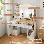 Coiffeuse Okak avec miroir triptyque pliable et 2 prises USB, table de maquillage avec grand rangement, coiffeuse pour la maison, blanc