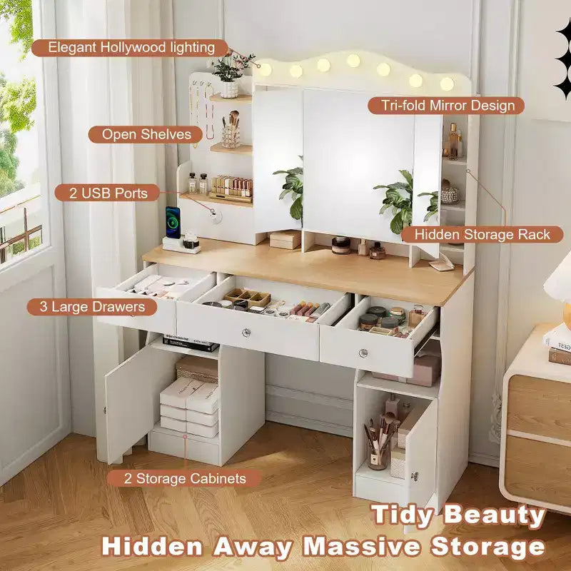 Coiffeuse Okak avec miroir triptyque pliable et 2 prises USB, table de maquillage avec grand rangement, coiffeuse pour la maison, blanc