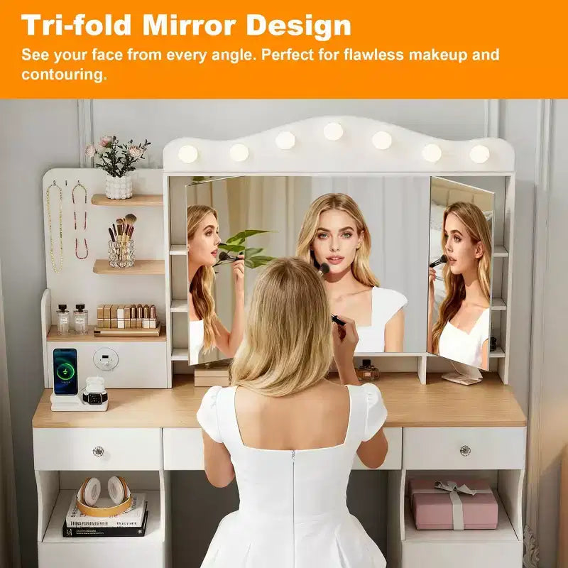 Coiffeuse Okak avec miroir triptyque pliable et 2 prises USB, table de maquillage avec grand rangement, coiffeuse pour la maison, blanc