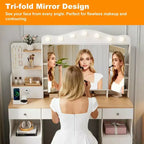 Coiffeuse Okak avec miroir triptyque pliable et 2 prises USB, table de maquillage avec grand rangement, coiffeuse pour la maison, blanc