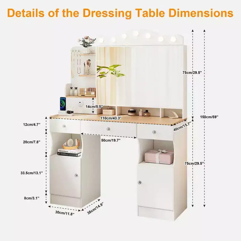 Coiffeuse Okak avec miroir triptyque pliable et 2 prises USB, table de maquillage avec grand rangement, coiffeuse pour la maison, blanc