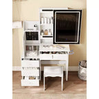 Coiffeuse moderne Okak avec tabouret rembourré, Coiffeuse compacte avec miroir coulissant et grand espace de rangement, Table de maquillage pour dressing, Blanc