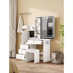 Coiffeuse moderne Okak avec tabouret rembourré, Coiffeuse compacte avec miroir coulissant et grand espace de rangement, Table de maquillage pour dressing, Blanc