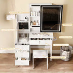 Coiffeuse moderne Okak avec tabouret rembourré, Coiffeuse compacte avec miroir coulissant et grand espace de rangement, Table de maquillage pour dressing, Blanc