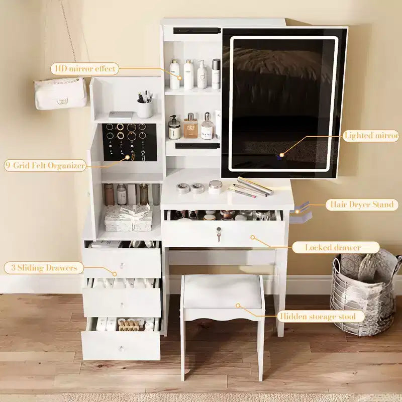 Coiffeuse moderne Okak avec tabouret rembourré, Coiffeuse compacte avec miroir coulissant et grand espace de rangement, Table de maquillage pour dressing, Blanc