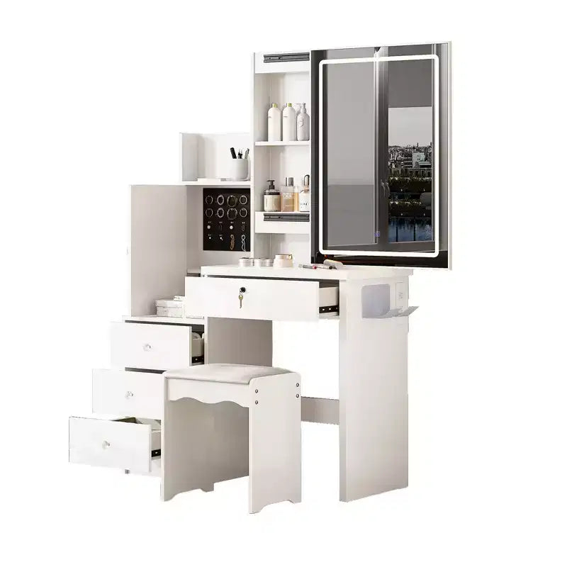 Coiffeuse moderne Okak avec tabouret rembourré, Coiffeuse compacte avec miroir coulissant et grand espace de rangement, Table de maquillage pour dressing, Blanc
