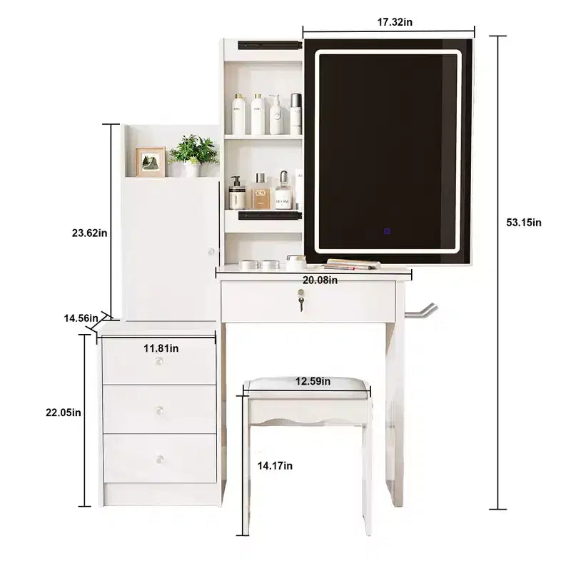 Coiffeuse moderne Okak avec tabouret rembourré, Coiffeuse compacte avec miroir coulissant et grand espace de rangement, Table de maquillage pour dressing, Blanc