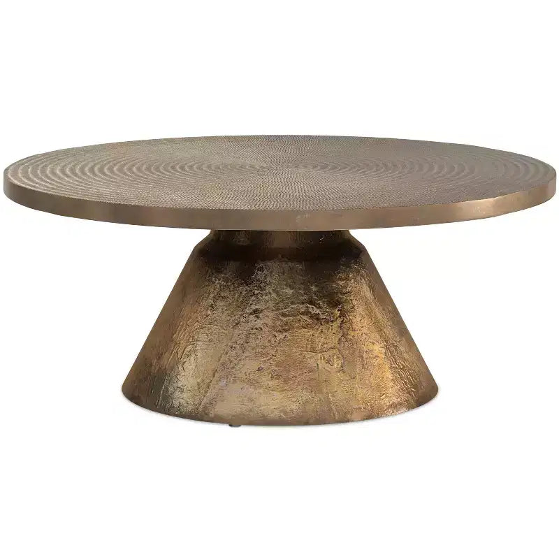 Alyssa 36 inch Wide Round Contemporary Cast Aluminum Coffee Table in Vintage Brass, Fully Assembled