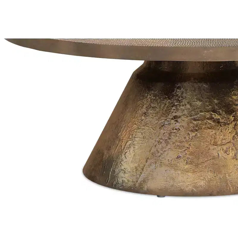 Table basse contemporaine ronde Alyssa de 36 pouces de large en fonte d'aluminium laiton vieilli, entièrement assemblée